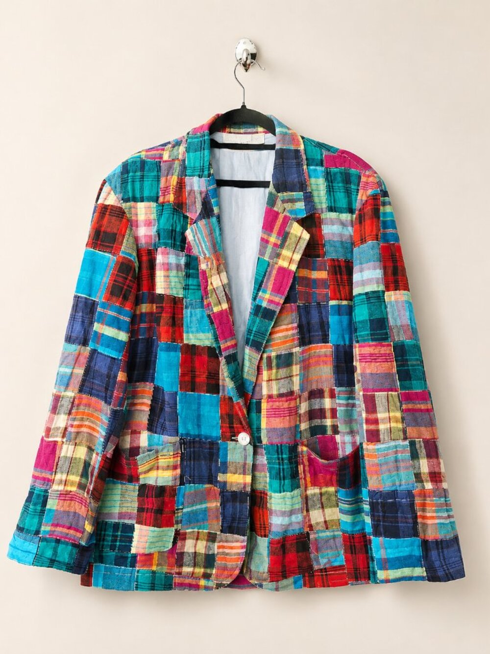 Vintage Madras Patchwork Cotton Blazer M Contempo Made in India Multicored Plaid